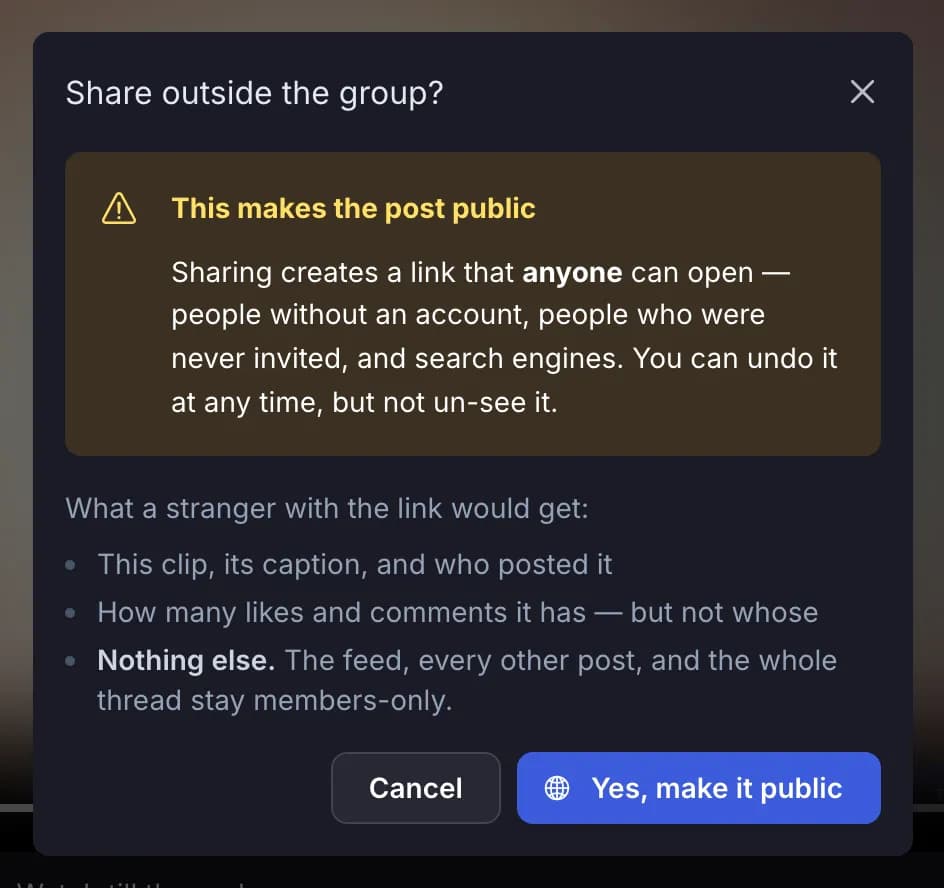 חלון אישור Share outside the group עם אזהרה שהפוסט יהפוך לציבורי ופירוט של מה זר יראה