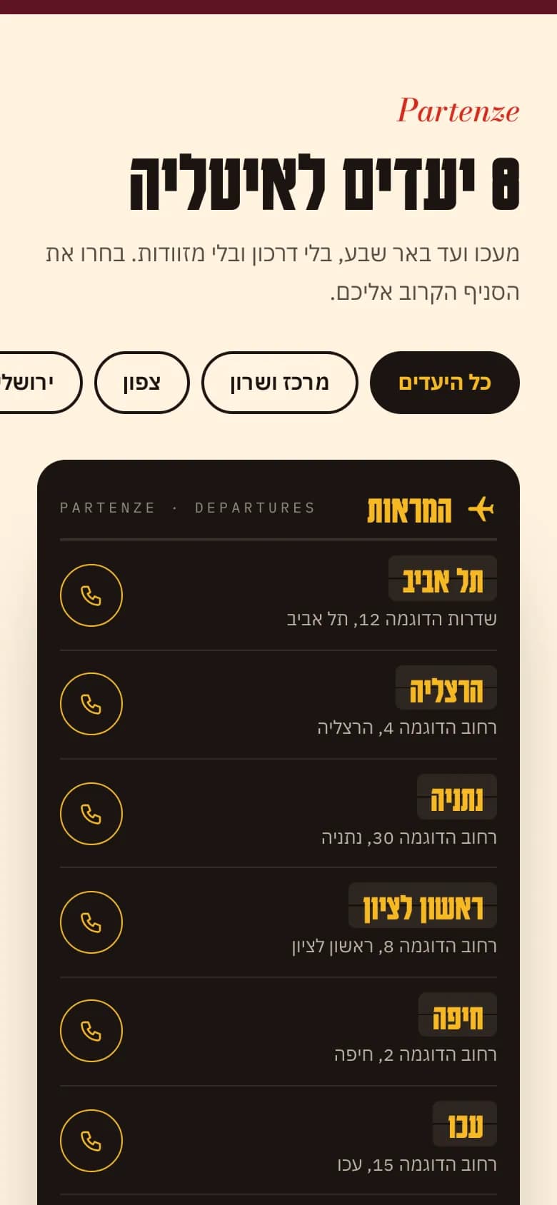 לוח הסניפים במובייל עם כפתורי חיוג