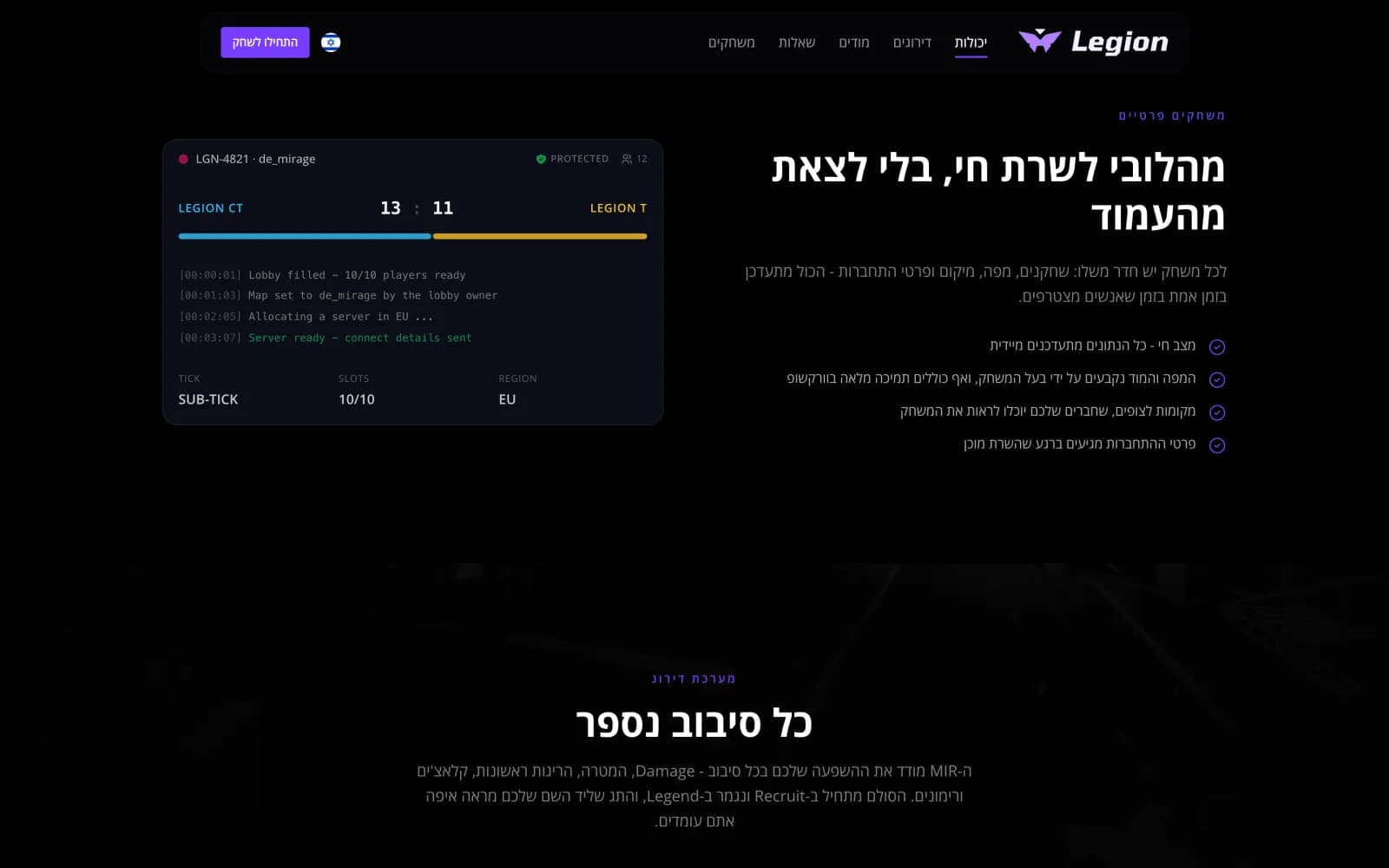 אזור המשחקים הפרטיים בעמוד הבית, עם הדגמה של חדר משחק, תוצאה ויומן ההכנה של המשחק