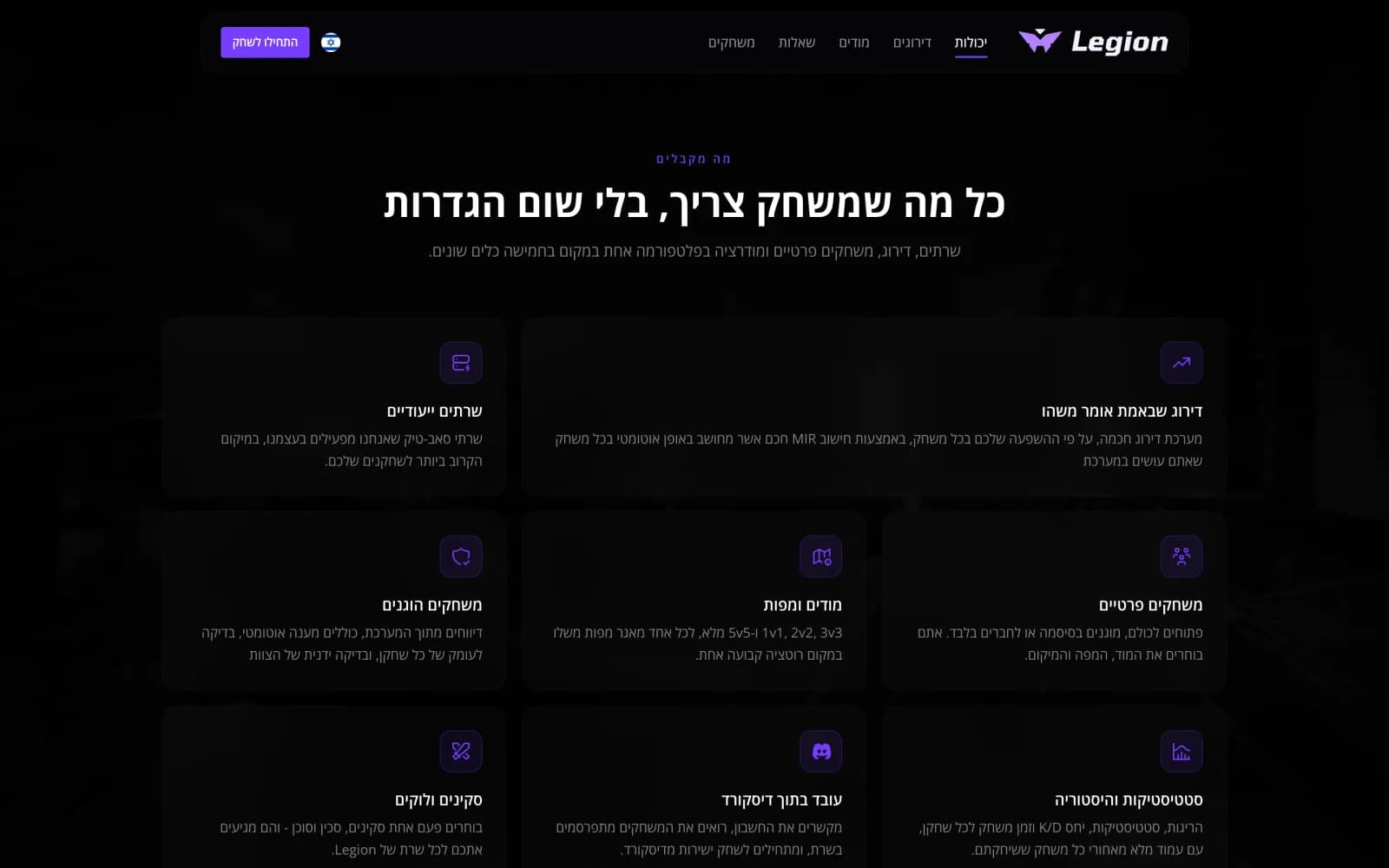 אזור היכולות בעמוד הבית של Legion, עם כרטיסים לדירוג, משחקים פרטיים, מודים, דיסקורד וסקינים