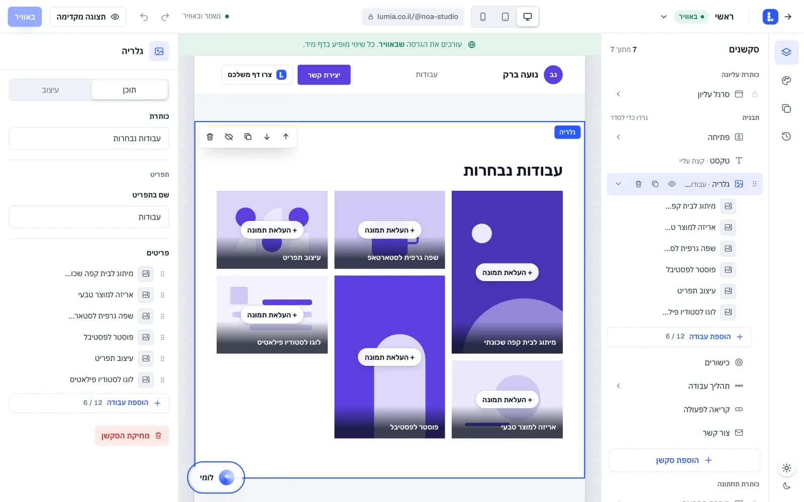עריכת סקשן גלריה בעורך, עם פריטים, הגדרות ותצוגת הדף