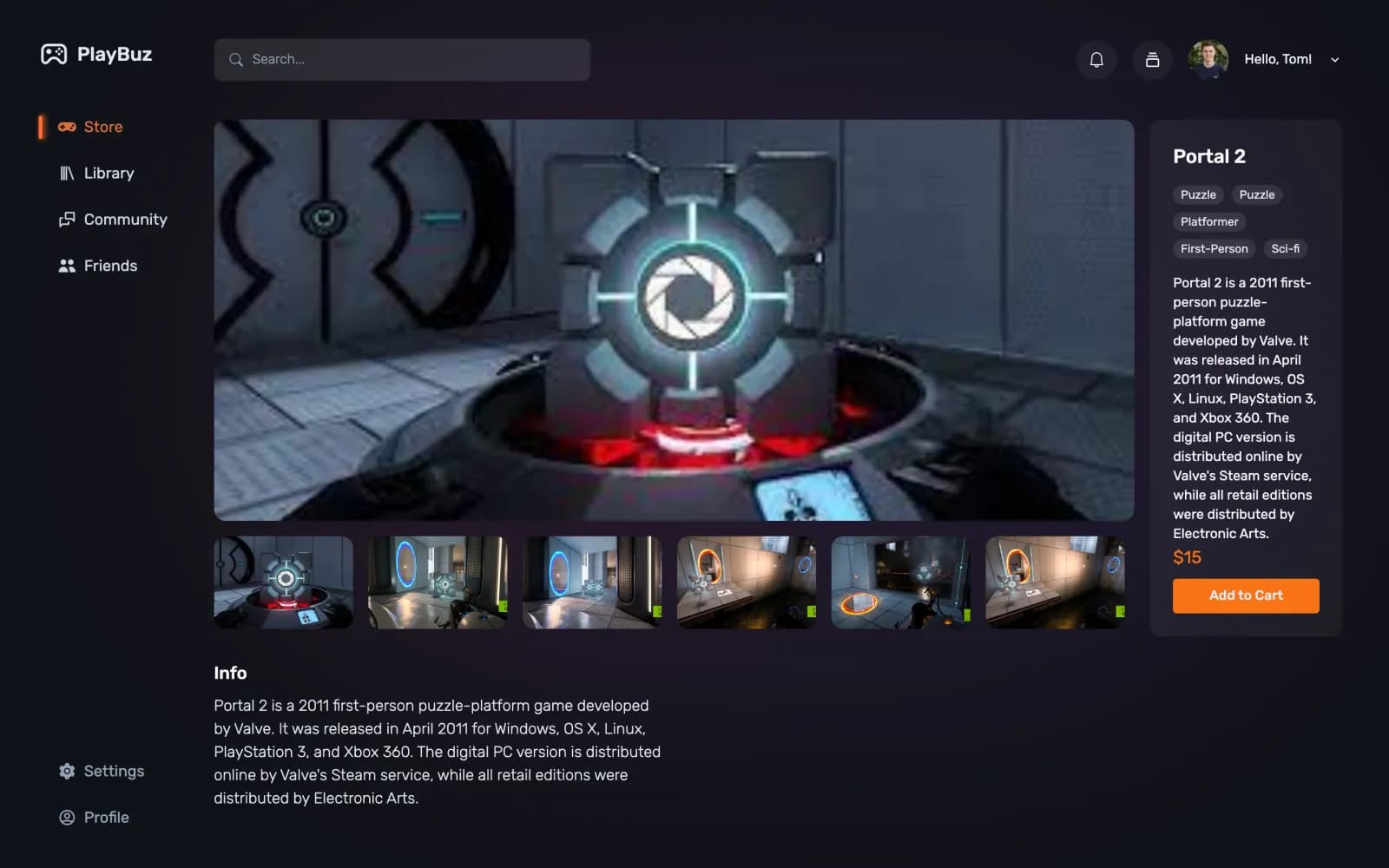 עמוד המשחק Portal 2 עם תמונה גדולה, תמונות ממוזערות, תגיות, תיאור, מחיר וכפתור Add to Cart