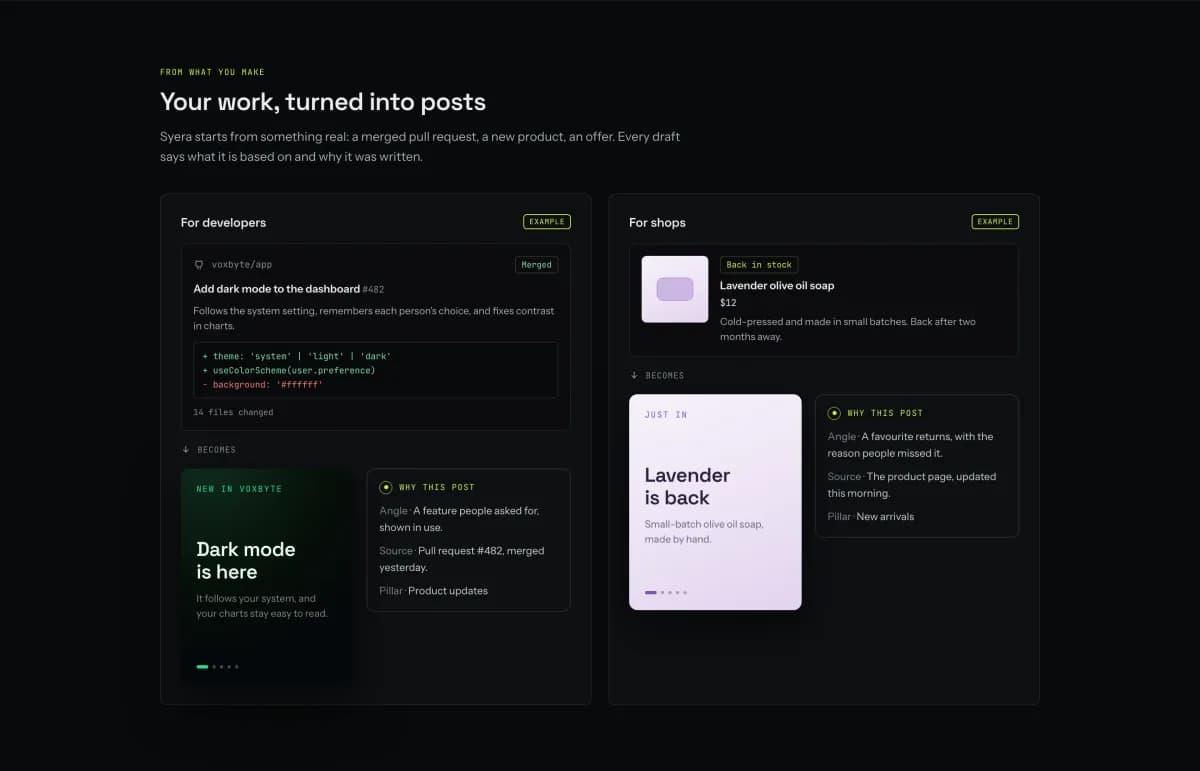 דוגמאות של פוסט שנוצר מ-pull request ופוסט שנוצר ממוצר בחנות, עם הסבר למה נכתבו