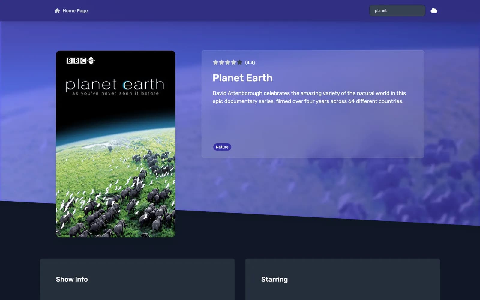עמוד הסדרה Planet Earth במצב כהה, עם פוסטר, דירוג, תקציר וז'אנר