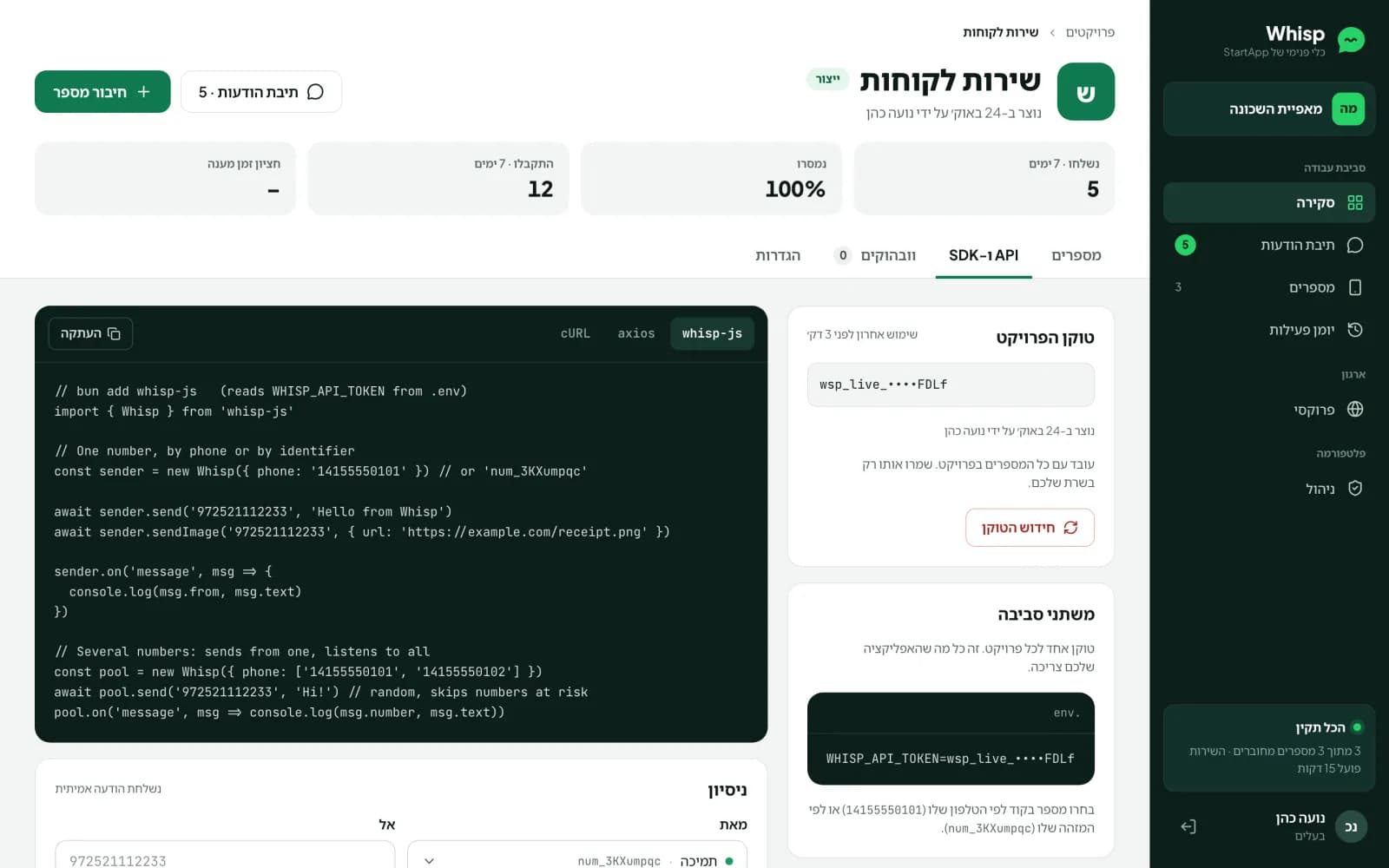 לשונית ה-API של פרויקט עם דוגמת קוד של whisp-js וטוקן מוסתר