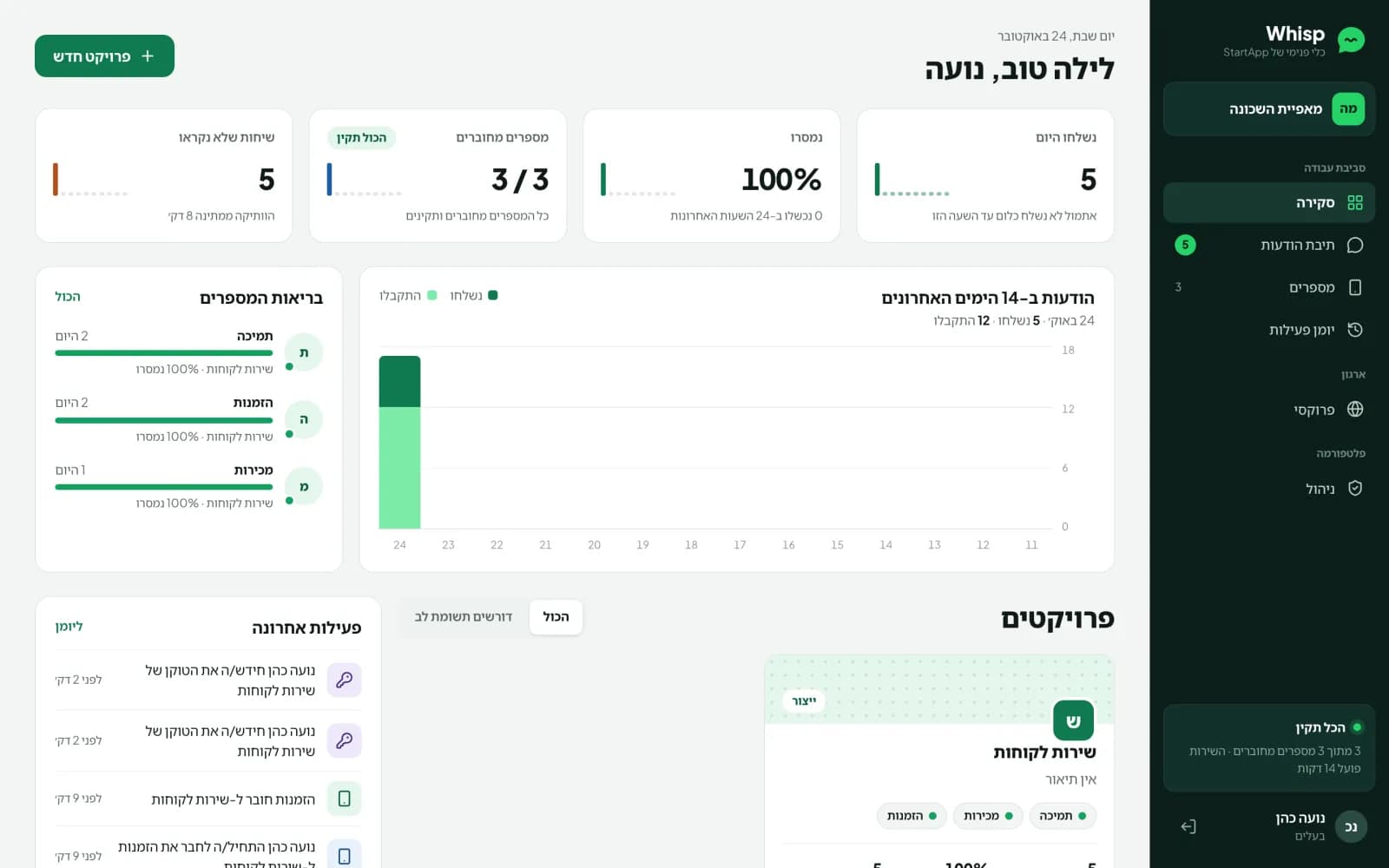 מסך הסקירה עם הודעות שנשלחו, שיעור מסירה, מצב המספרים ופעילות אחרונה