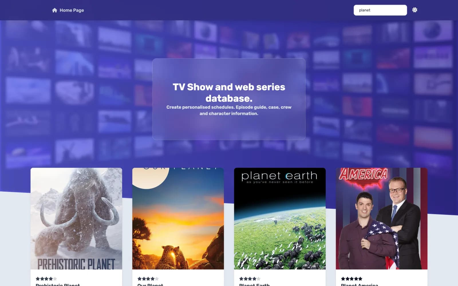 צילום מסך של עמוד הבית באתר TV Brands - מאגר סדרות על בסיס TVmaze (דמו)