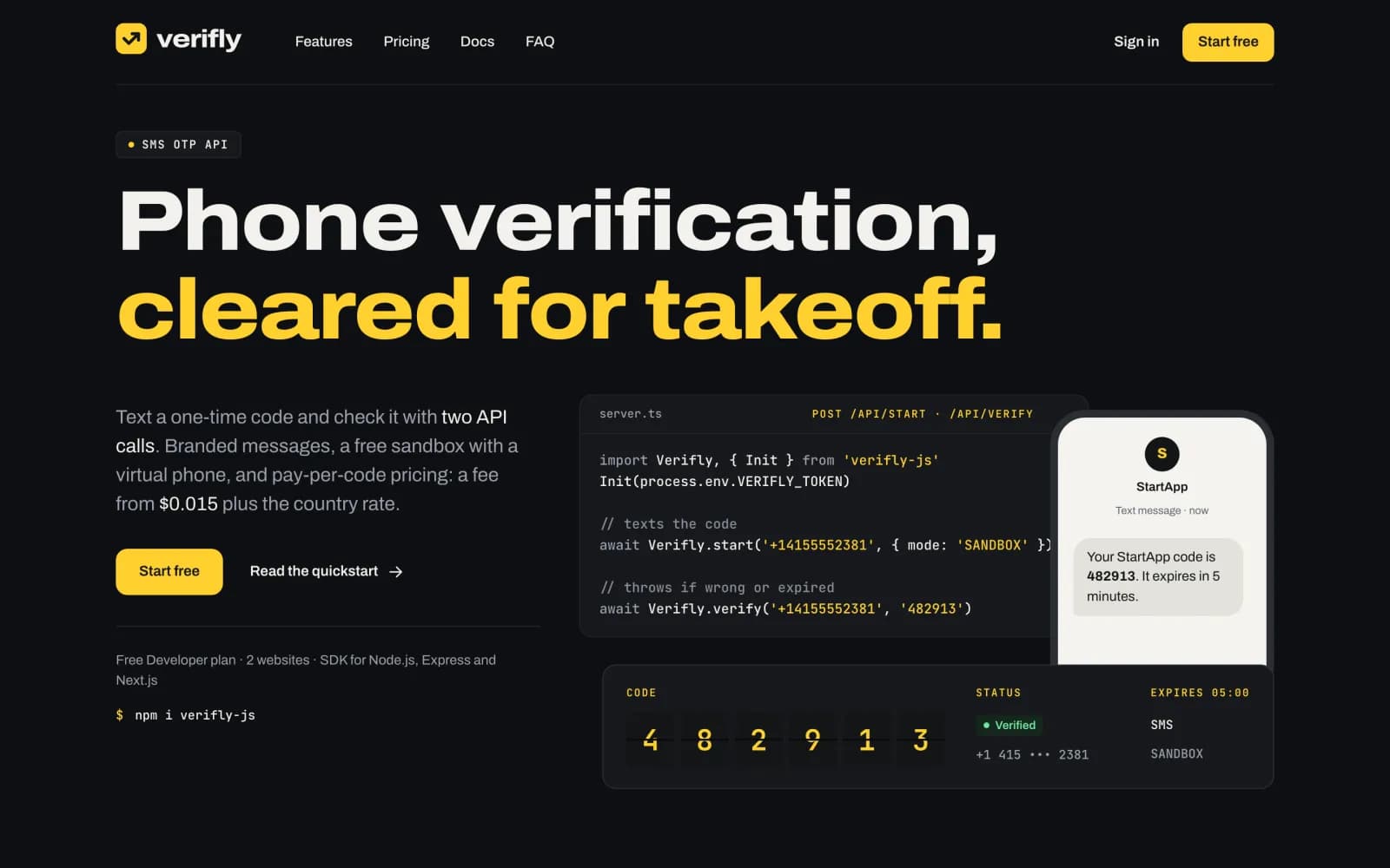 צילום מסך של עמוד הבית באתר Verifly - אימות טלפון בקוד SMS
